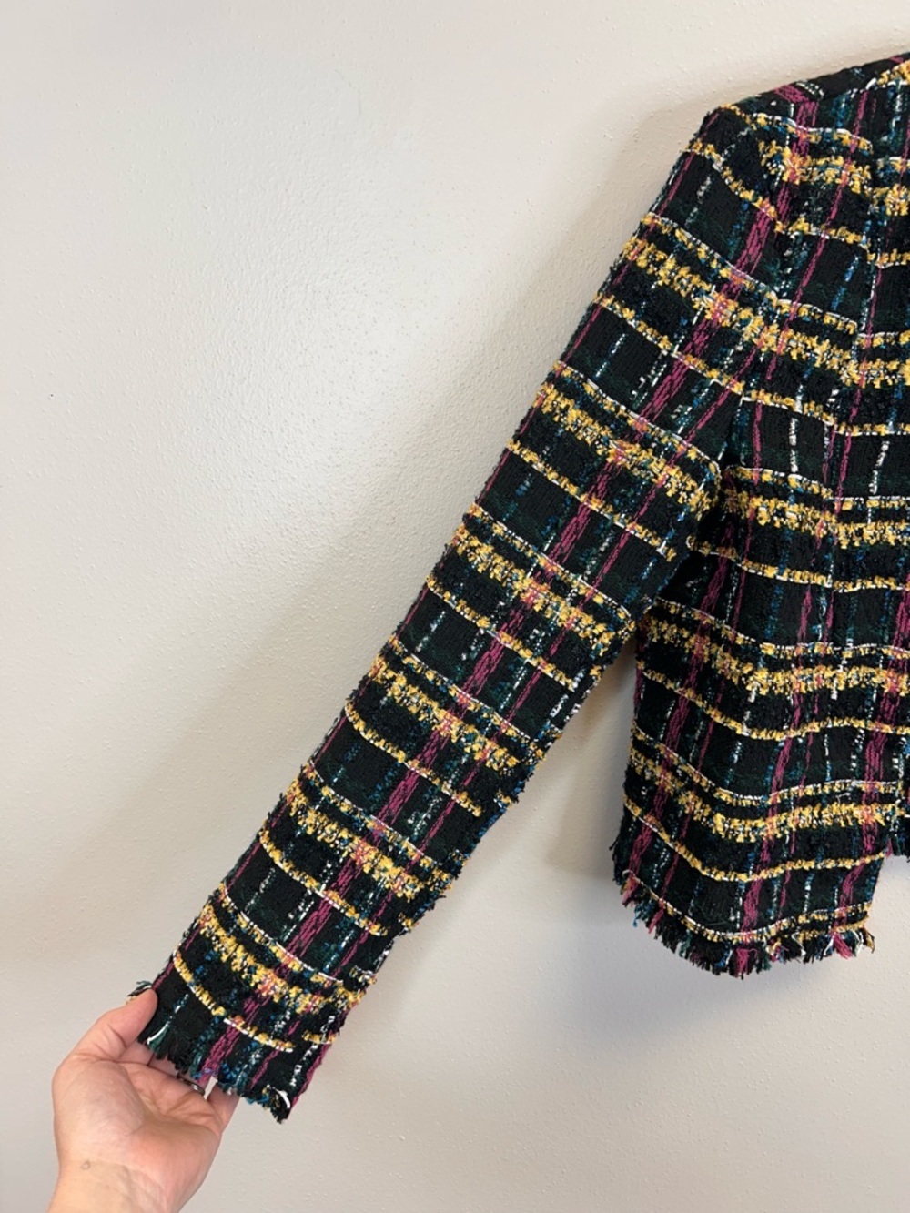 Karl Lagerfeld Multicolor Tweed Cropped Blazer Size 4 Luxury Designer Career - Picture 6 of 15